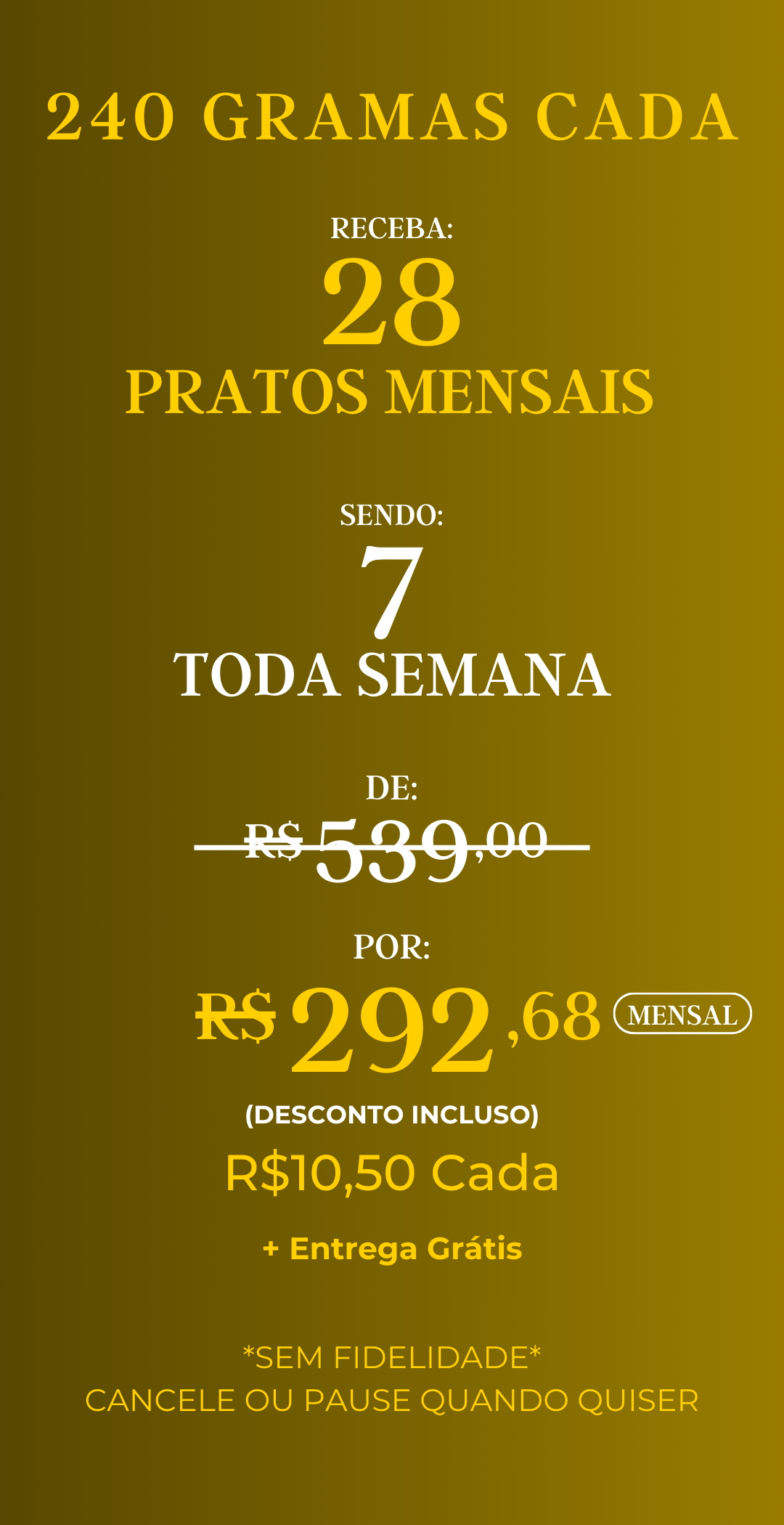 Assinatura com 28 marmitas mensais – Gourmet, porções de 240g cada