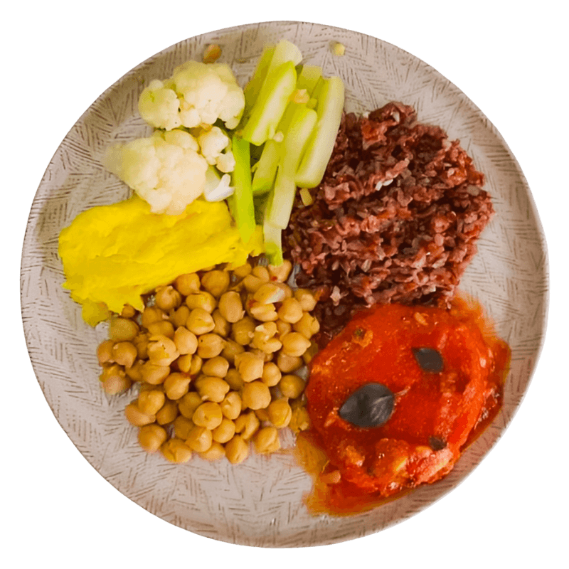 Medalhão de Merluza Grelhado ao Molho de Tomate, Arroz 7 Grãos, Grão de Bico, Purê de batata, Couve-flor e Chuchu - 58