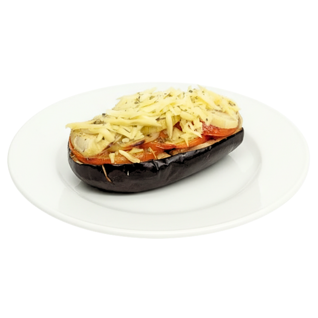117 - Berinjela gratinada assada, tomate, cebola branca, orégano, tomilho, queijo mussarela vegetal, sal himalai e azeite extra virgem - 560g