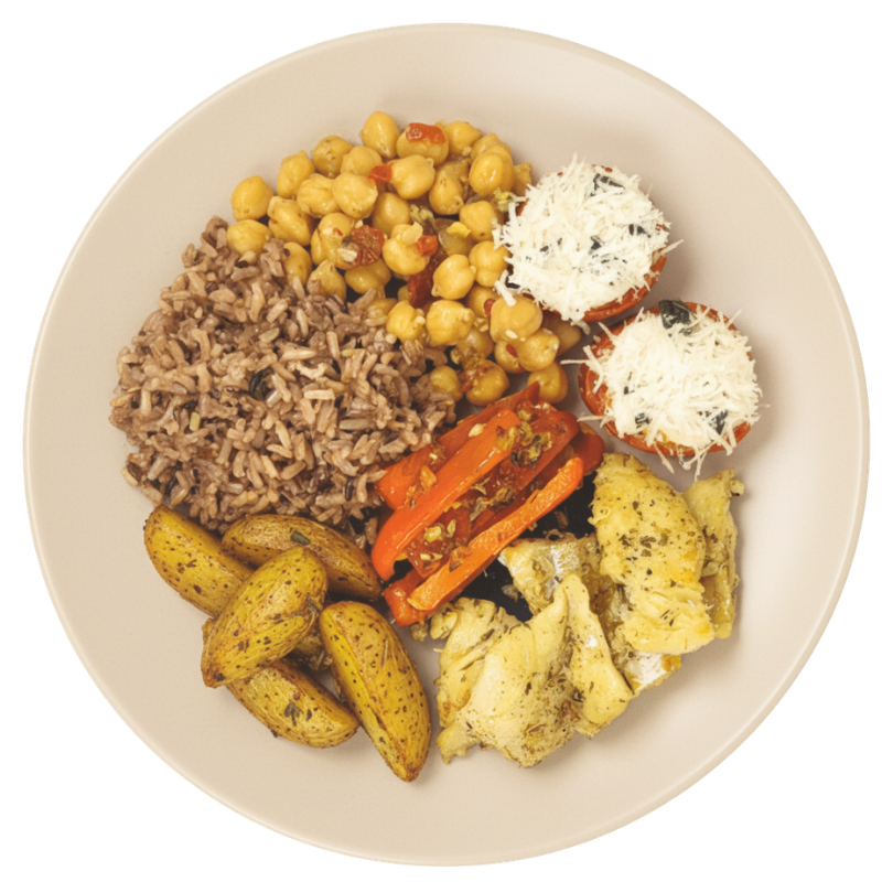 67 - Bacalhau Desfiado, Arroz 7 Grãos, Grão-de-Bico, Tomate, Pimentão e Batata