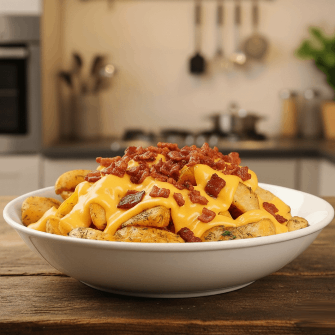 PB8 - Batata rústica com casca assada no forno com azeite de oliva extravirgem, sal do Himalaia, cúrcuma, orégano e tomilho, queijo vegetal estilo cheddar e bacon