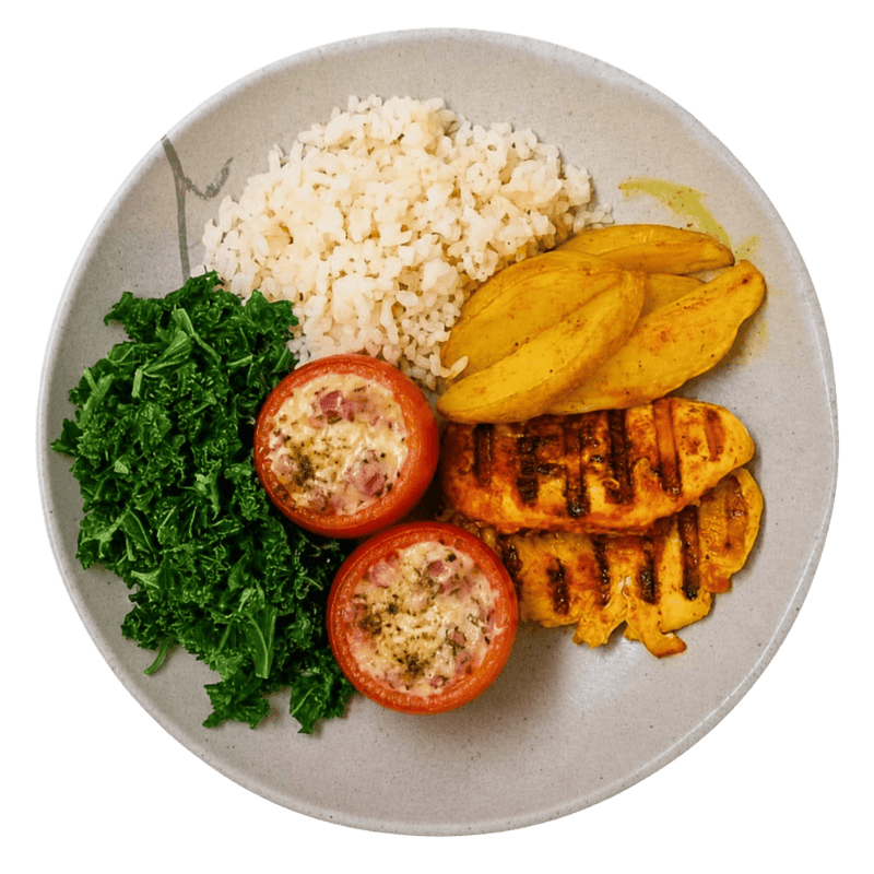 64 - Sassami de Frango Grelhado, Arroz, Feijão, Batata, Cenoura e Tomate
