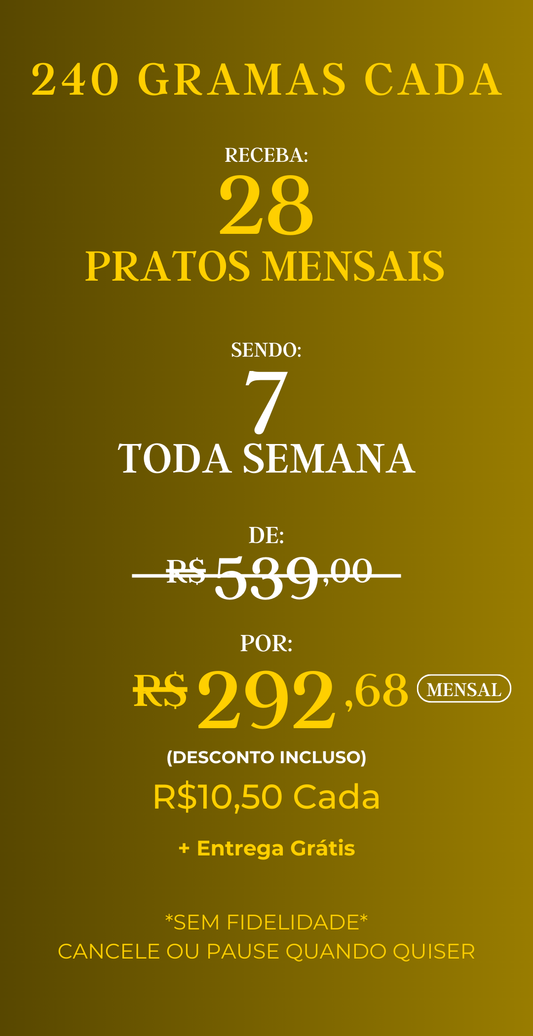 Assinatura com 28 marmitas mensais – Gourmet, porções de 240g cada