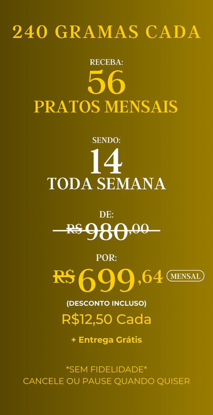 Assinatura com 56 marmitas mensais – Gourmet, porções de 240g cada
