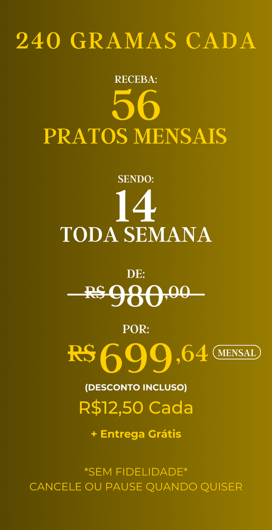 Assinatura com 56 marmitas mensais – Gourmet, porções de 240g cada