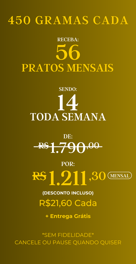 Assinatura com 56 marmitas mensais – Gourmet, porções de 450g cada