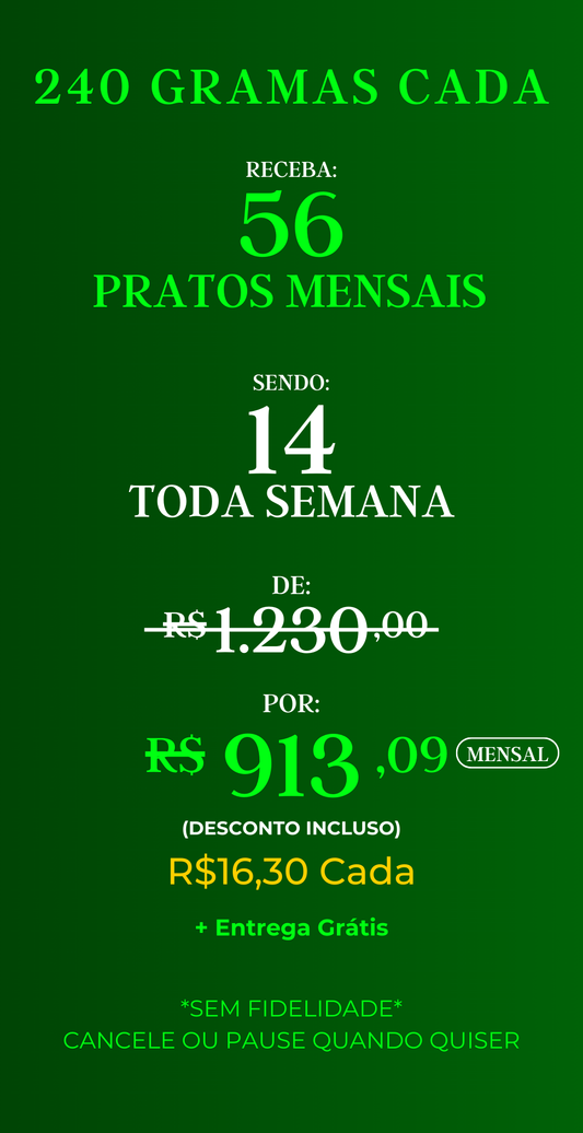Assinatura com 56 marmitas mensais – Gourmet, porções de 240g cada