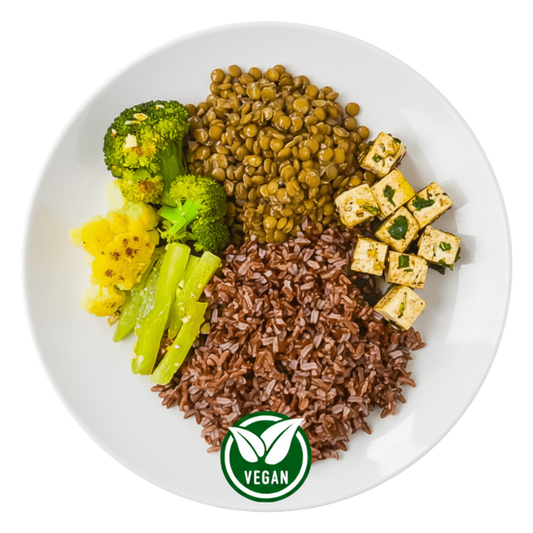 306 - Cubos de Tofu, Arroz 7 Grãos, Lentilha, Brócolis, Chuchu e Couve-flor