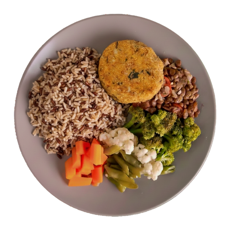 315 - Burger de Grão-de-Bico, Arroz 7 Grãos, Cenoura, Vagem, Couve-Flor, Brócolis e Lentilha