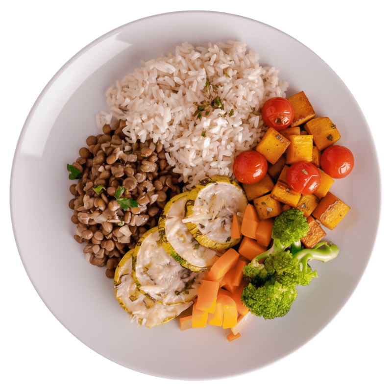 325 -  Arroz Branco, Lentilha, Abobrinha, Queijo, Abóbora, Cenoura, Brócolis e Tomate Cereja