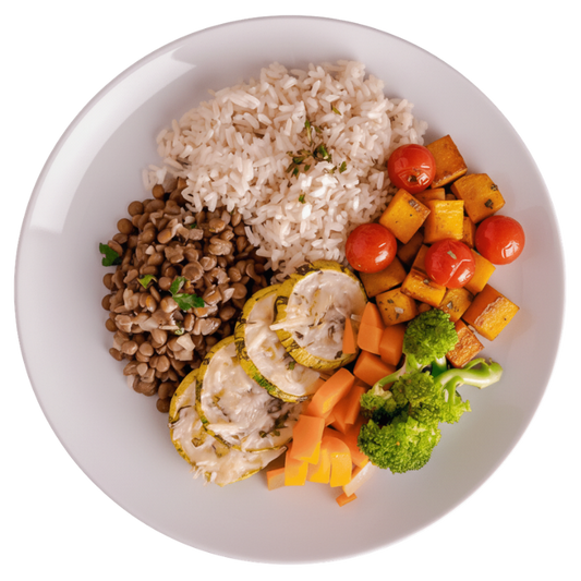 325 -  Arroz Branco, Lentilha, Abobrinha, Queijo, Abóbora, Cenoura, Brócolis e Tomate Cereja