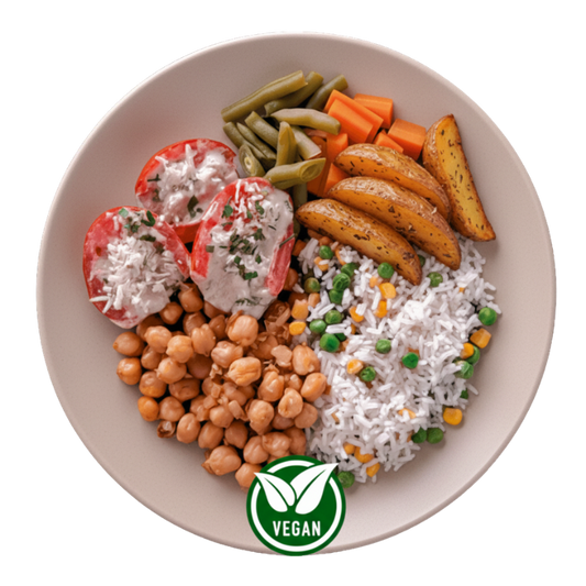 326 - Tomate Assado com requeijão e queijo vegetal, Arroz, Milho, Ervilha, Grão-de-Bico, Batata, Cenoura e Vagem