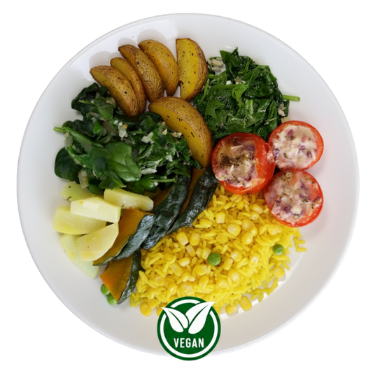 338 - Paella de Grãos (Arroz, Milho, Ervilha), Batata, Espinafre, Chuchu, Tomate e Abóbora