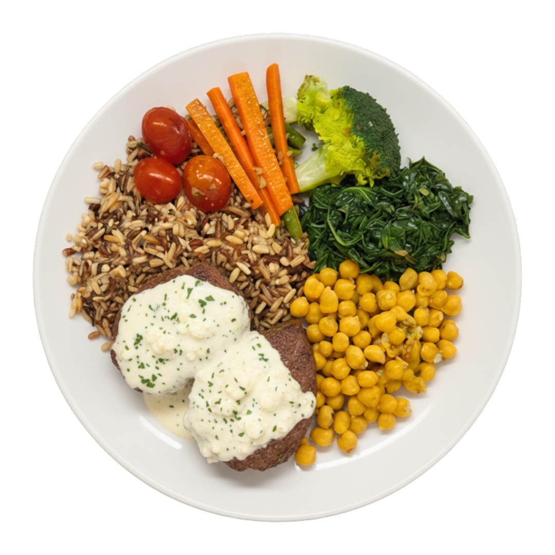 50 - Fraldinha Assada ao Creme de Alho, arroz 7 grãos, grão de bico, brócolis, couve, cenoura e tomate