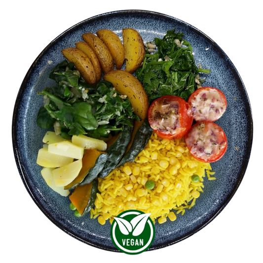 338 - Paella de Grãos (Arroz, Milho, Ervilha), Batata, Espinafre, Chuchu, Tomate e Abóbora