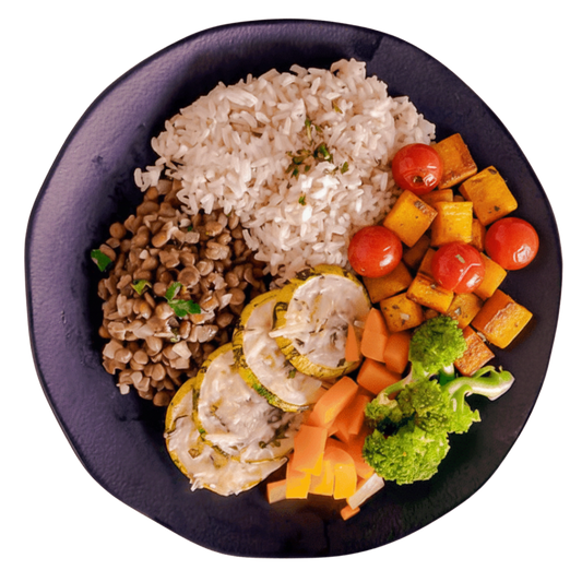 325 - 325 -  Arroz Branco, Lentilha, Abobrinha, Queijo, Abóbora, Cenoura, Brócolis e Tomate Cereja