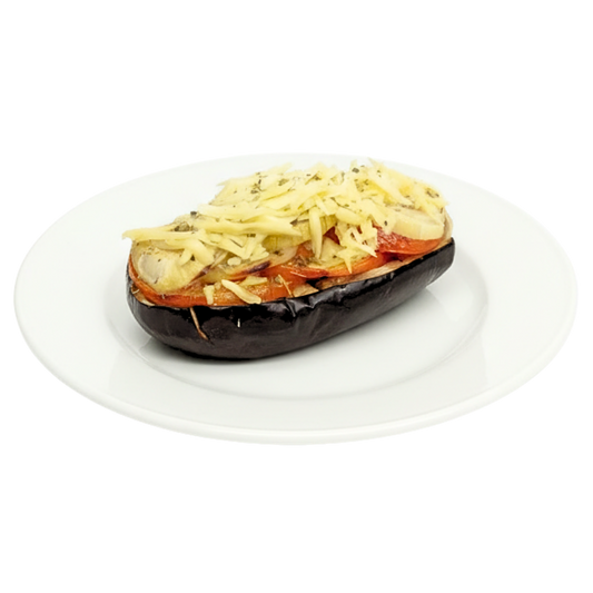 117 - Berinjela gratinada assada, tomate, cebola branca, orégano, tomilho, queijo mussarela vegetal, sal himalai e  azeite extra virgem - 560g
