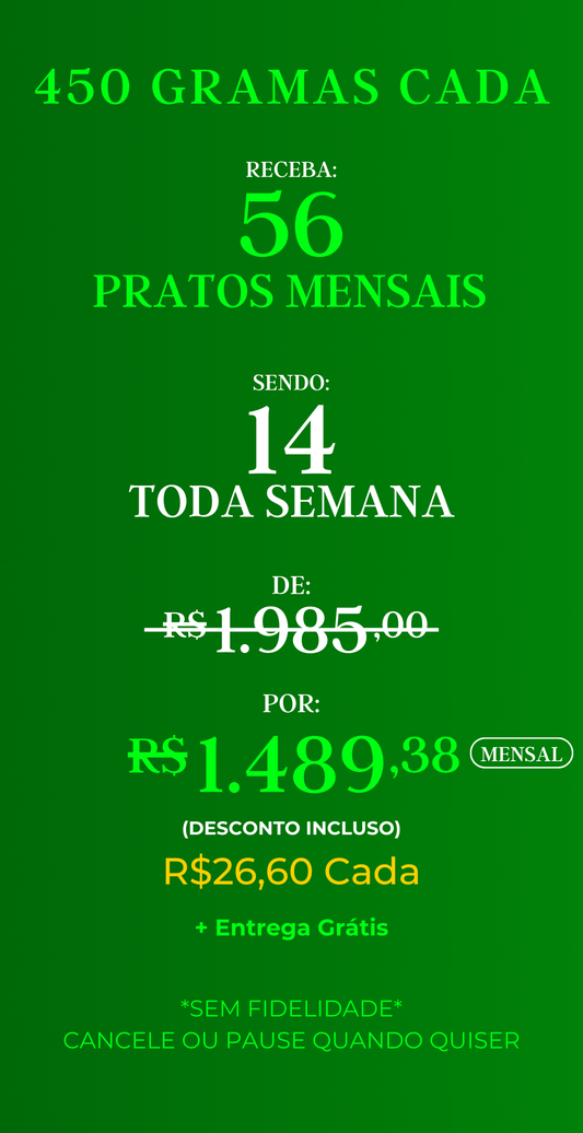Assinatura com 56 marmitas mensais – Gourmet, porções de 450g cada