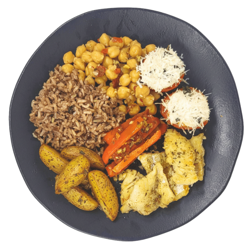 67 - Bacalhau Desfiado Dessalgado com Legumes e Grãos Refogados