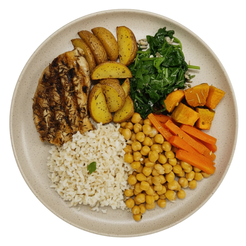 75 -  Lombo Suíno Grelhado, Arroz, Grão-de-Bico, Abóbora, Batata, Cenoura e Espinafre