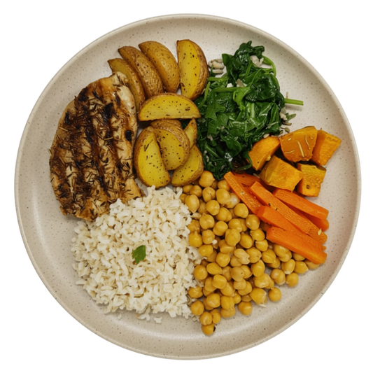 75 -  Lombo Suíno Grelhado, Arroz, Grão-de-Bico, Abóbora, Batata, Cenoura e Espinafre