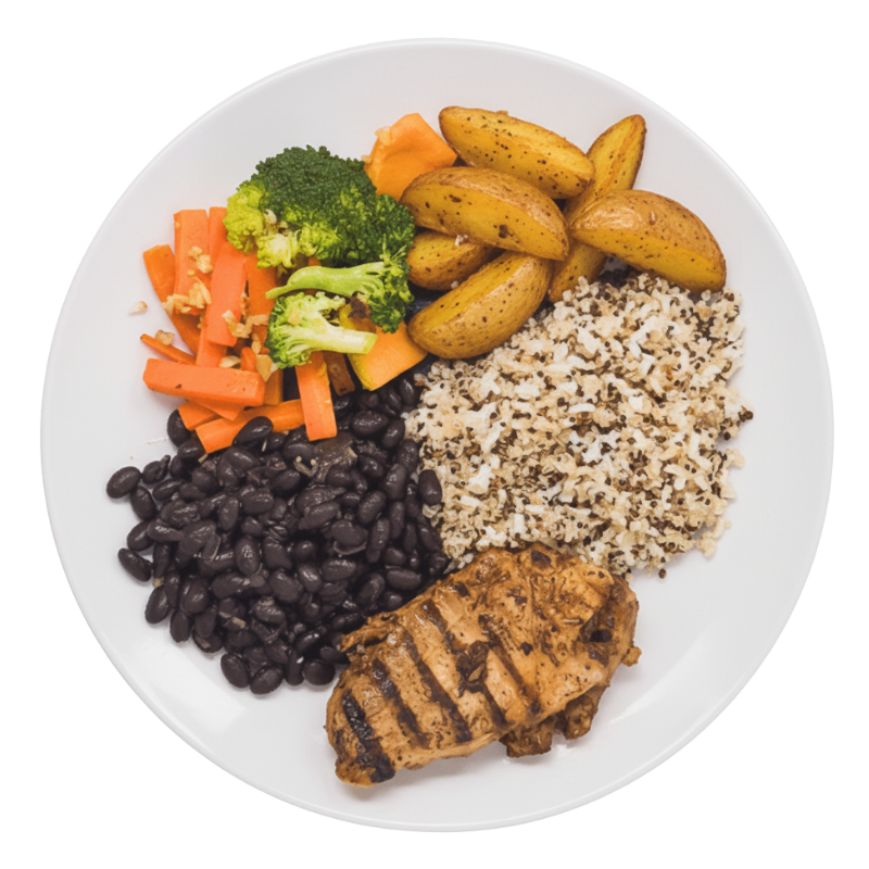 76 - Pernil de Suíno Grelhado, Quinoa, Feijão Preto, Batata Rústica, Cenoura, Abóbora e Brócolis