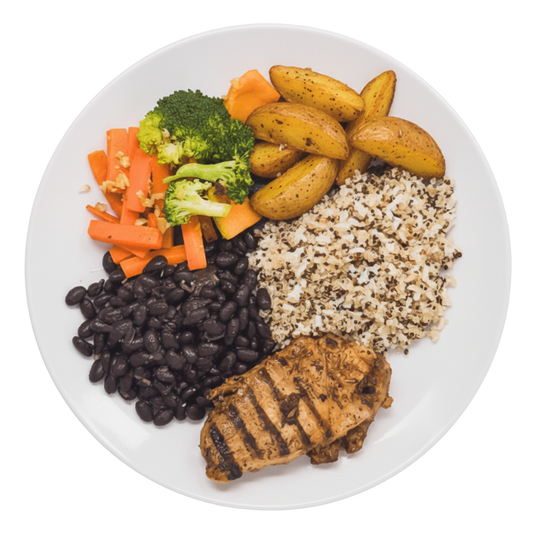 76 - Pernil de Suíno Grelhado, Quinoa, Feijão Preto, Batata Rústica, Cenoura, Abóbora e Brócolis