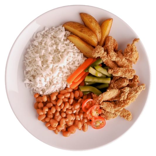 81 - Tiras de Sassami de Frango Assadas com Crosta de Flocos de Milho, Arroz, Feijão, Batata Rústica, Cenoura, Tomate e Vagem