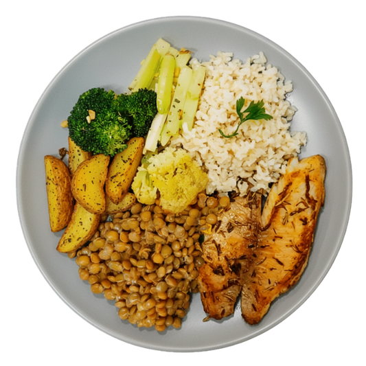 87 - Tilápia Assada com Ervas e Limão, Quinoa, Lentilha Verde, Couve-Flor, Batata Assada, Brócolis e Chuchu