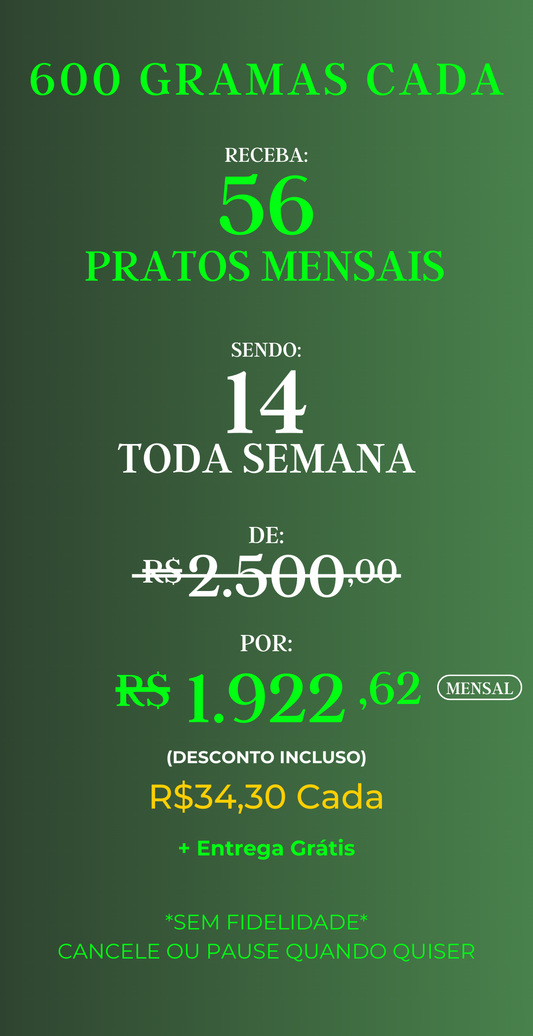 Assinatura com 56 marmitas mensais – Gourmet, porções de 600g cada
