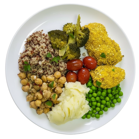 97 - Sobrecoxa Assada com Flocos de Milho, Quinoa, Grão de Bico, Purê de batata, Ervilha, Brócolis e Tomate