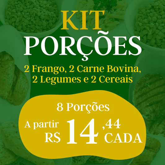 Kit com 8 Porções - 2 Frango, 2 Bovino, 2 Legumes e 2 Cereais