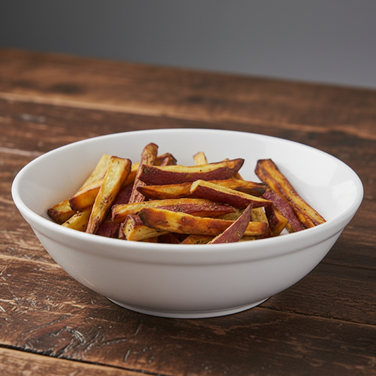 PB7 - Batata-doce com casca, temperadas com azeite de oliva extravirgem e sal do Himalaia. Assada no forno e zero frituras.