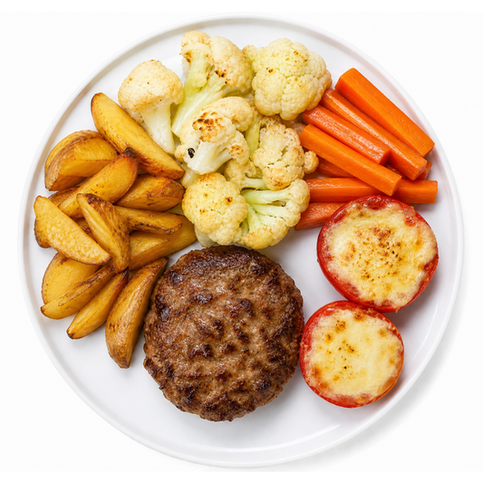 Hambúrguer, Batatas, Couve flor, cenoura e Tomate recheado com queijo vegetal - 500g - ME7
