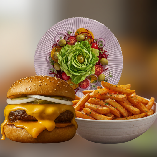KIT1 - Duplo Cheddar Burguer + Salada Verão + Batatas Palito Assadas com Páprica Picante
