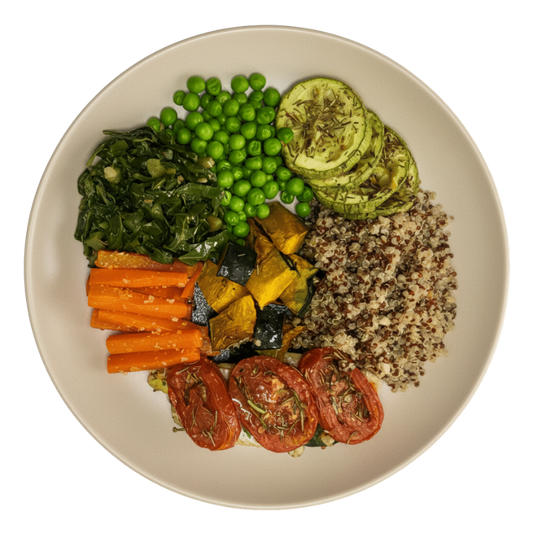 96 - Tilápia Assada, Quinoa, Couve, Abóbora, Cenoura e Ervilha