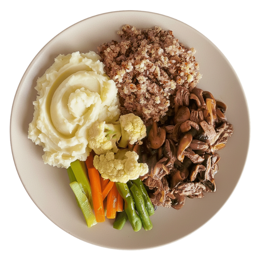 71 -  Tiras de Mignon Grelhado com Champignon, Quinoa, Purê de batata, Cenoura, Couve-flor, Chuchu e Vagem