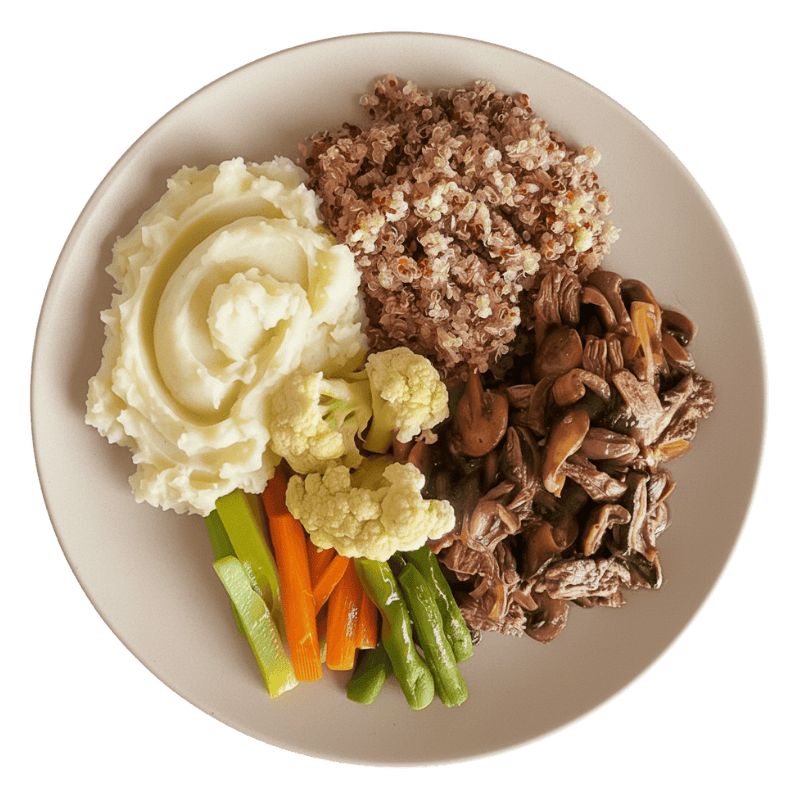 71 -  Tiras de Mignon Grelhado com Champignon, Quinoa, Purê de batata, Cenoura, Couve-flor, Chuchu e Vagem