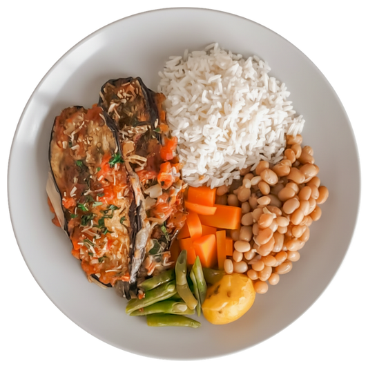 314 - Berinjela Mediterrânea, Arroz Branco , Cenoura, vagem, Batata Rústica, Feijão Carioca